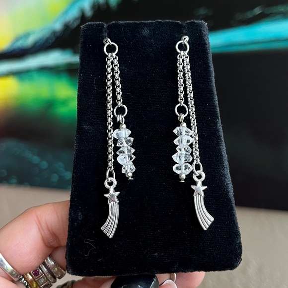 Herkimer diamonds crystal star charm earrings stainless steel post & chains boho - Picture 1 of 8